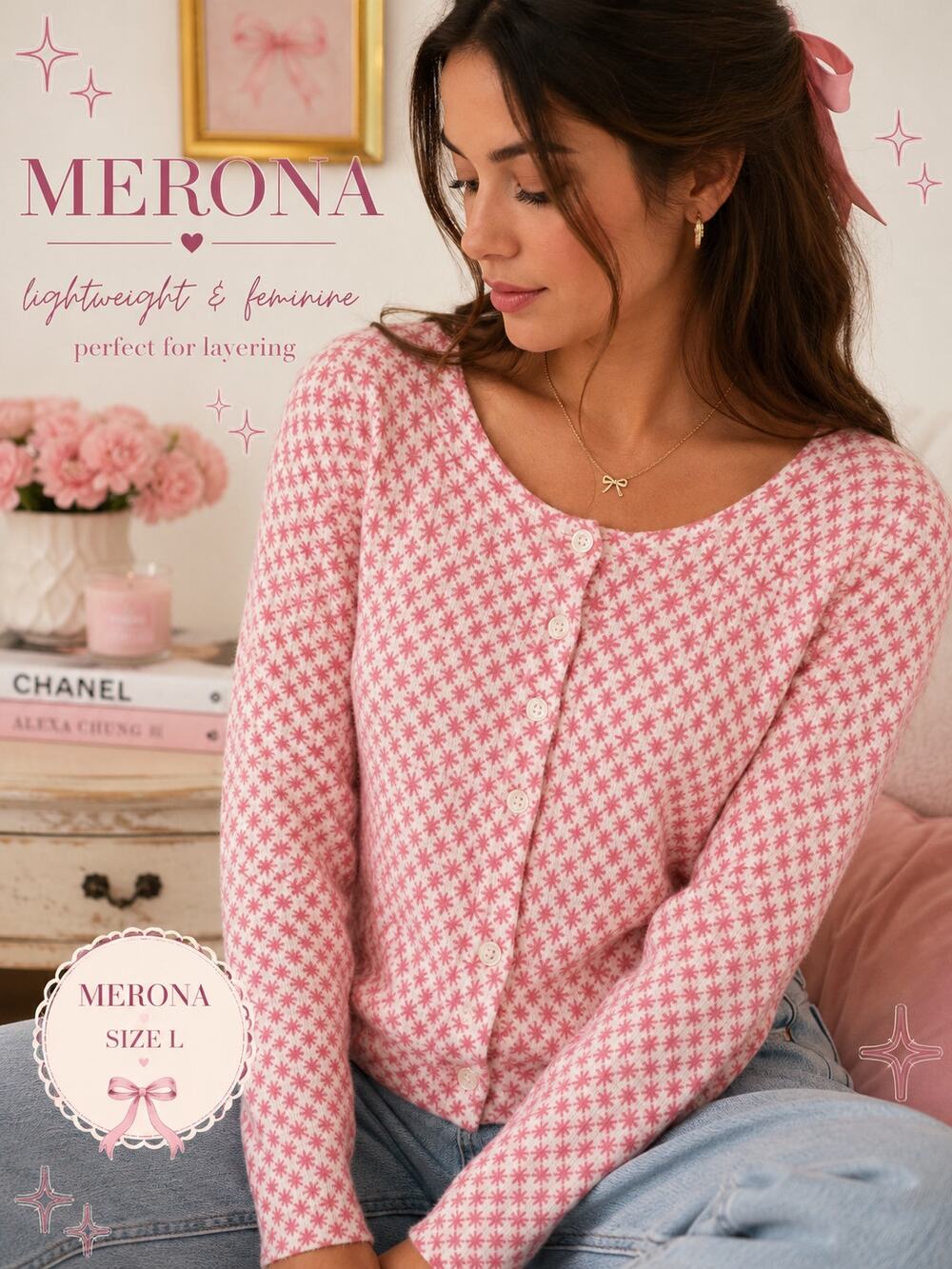Merona Women's L Pink and Cream Starburst Geometric Cardigan